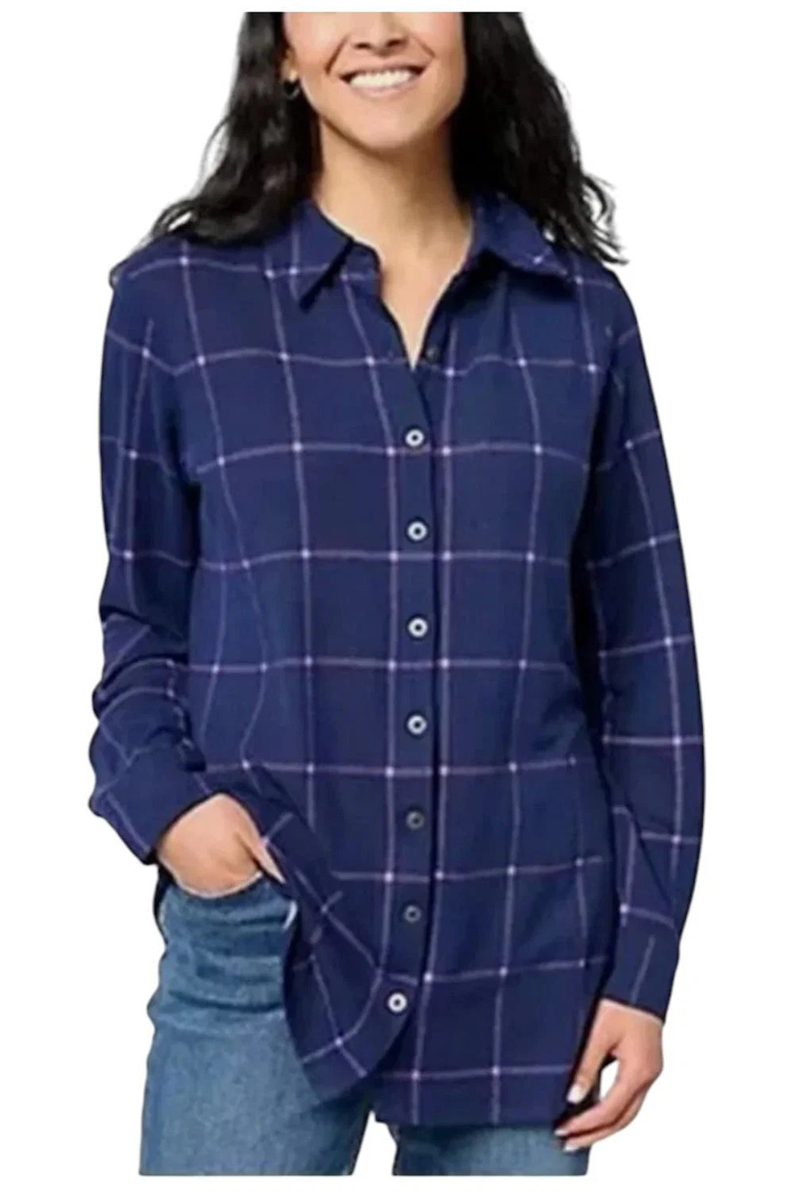 Denim & Co. Women's Adaptive Heavenly Jersey Plaid Tunic Navy - Regular